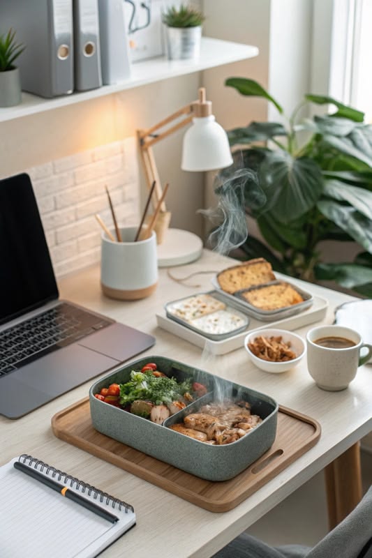 Notebook and fresh produce on a desk during meal planning session